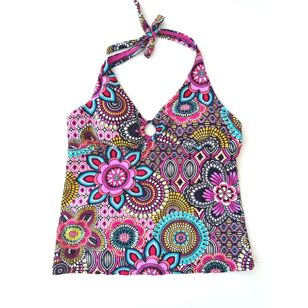 Baltex Retro Y2K Halter Tankini Top O-Ring Colorful Medallion Print Boho Size 12